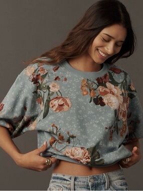 NWT Anthropologie The Niki Bubble Sweatshirt by Pilcro BLUE FLORAL PATTERN SZ XS